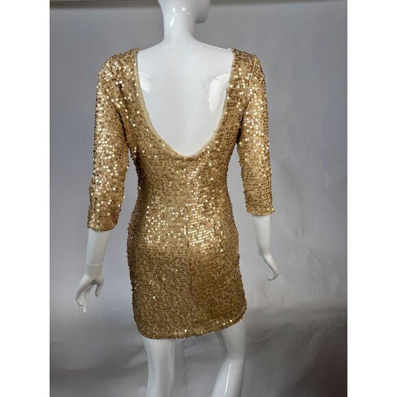 Fredericks Of Hollywood Gold Sequin Dress With 3/4 Sleeves & Low Back Design Siz - Picture 11 of 16